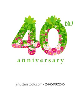 Creative green and pink number 40. 40th anniversary concept. Number logo. Up to 40 percent off sale icon. Floral design. Isolated graphic with vector clipping mask. Business banner template. Cute sign