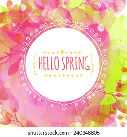 Creative Green And Pink Texture With Leaves And Berries Traces. Doodle Circle Frame With Text Hello Spring. Vector Design For Spring Sales, Banners, Advertisement.