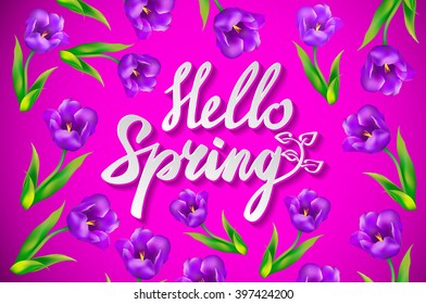 Creative green and pink texture with leaves and berries traces. Doodle circle frame with text hello spring. Vector design for spring sales, banners, advertisement.