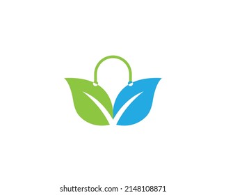 Creative Green Shopping Bag Tree Leaf Logo Design Vector Template.