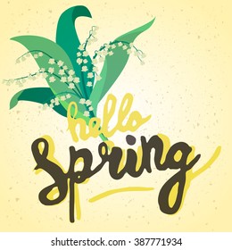 Creative green texture with leaves. Doodle circle frame with text hello spring. Vector design for spring sales, banners, advertisement.