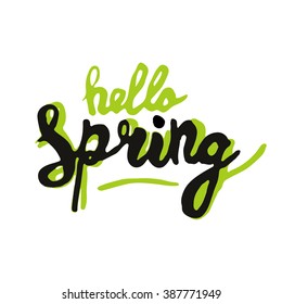 Creative green texture with leaves. Doodle circle frame with text hello spring. Vector design for spring sales, banners, advertisement.