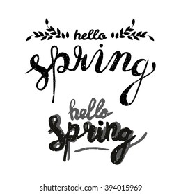 Creative green texture with leaves. Doodle circle frame with text hello spring. Vector design for spring sales, banners, advertisement.