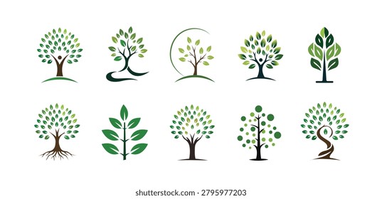 Creative green tree and nature logo collection featuring eco friendly leaves, organic growth, environmental sustainability, and natural branding concepts in modern vector design style.