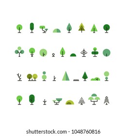 Creative green trees set. Flat line forest tree icons for logo, vector modern illustration