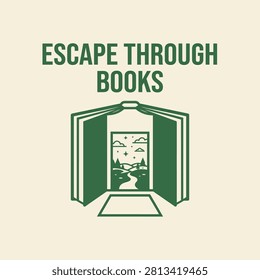 Creative green vector illustration featuring an open book with a magical landscape scene inside for reading and literary imagination concepts