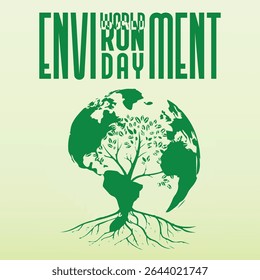 A creative green vector illustration representing World Environment Day, showing a tree growing within the shape of the Earth. Perfect for eco-friendly campaigns, sustainability awareness, and nature-