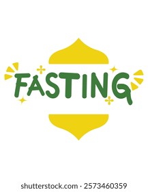 A creative green and yellow typography artwork of the word "Fasting," with decorative lanterns and minimalist styling, suitable for Ramadan or Islamic projects.