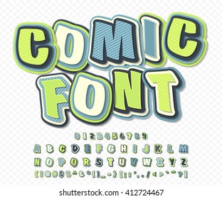 Kreative, grün-blaue High-Detail-Comic-Schriftart. Alphabet im Stil von Comics, Pop-Art. Mehrschichtige lustige, farbige Buchstaben und Figuren für die Dekoration von Illustrationen, Websites, Poster, Comics, Bannern