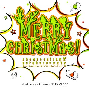 Creative green-orange high detail comic font. Alphabet in style of comics and pop art. Multilayer funny colorful letters and figures for decoration of greeting cards Merry Christmas and happy new year
