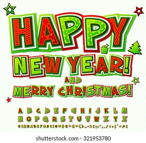 Creative green-red high detail comic font. Alphabet in style of comics and pop art. Multilayer funny colorful letters and figures for decoration of greeting cards Merry Christmas and happy new year