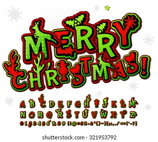 Creative green-red high detail comic font. Alphabet in style of comics and pop art. Multilayer funny colorful letters and figures for decoration of greeting cards Merry Christmas and happy new year