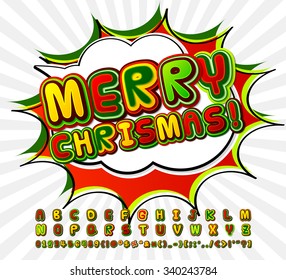 Creative green-red high detail comic font. Alphabet in style of comics and pop art. Multilayer funny colorful letters and figures for decoration of greeting card Merry Christmas and happy new year