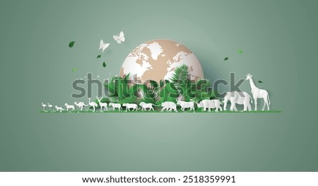Creative green-themed paper cut globe with wild animals and leaves, symbolizing wildlife and nature.