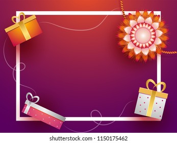 Diseño creativo de tarjetas de felicitación con hermosos rakhi (pulsera) y cajas de regalo sobre fondo violeta brillante y espacio para sus deseos. Celebración del festival Raksha Bandhan.
