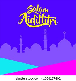 creative greeting card design with calligraphy of selamat hari raya aidil fitri, malay or indonesian words translation
