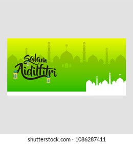 creative greeting card design with calligraphy of selamat hari raya aidil fitri, malay or indonesian words translation