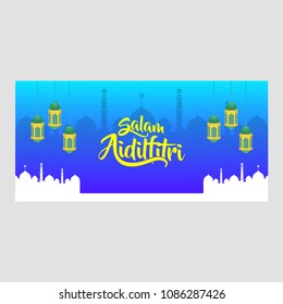 creative greeting card design with calligraphy of selamat hari raya aidil fitri, malay or indonesian words translation