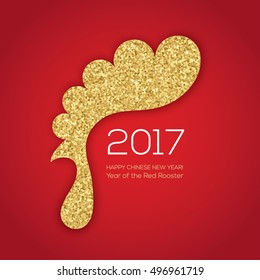 Creative greeting card design for chinese New Year 2017. Rooster comb with golden glitter on red background