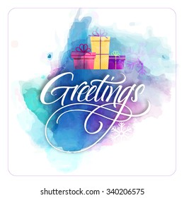 Creative greeting card design with colorful splash and gifts for Merry Christmas celebration.