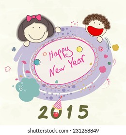Creative greeting card design with cute kids enjoying and celebrating Happy New Year 2015.