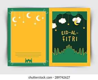 Creative greeting card design decorated with green mosque hanging stars, moons and clouds for famous festival of Muslim community, Eid-Al-Fitri (Eid) celebration. 