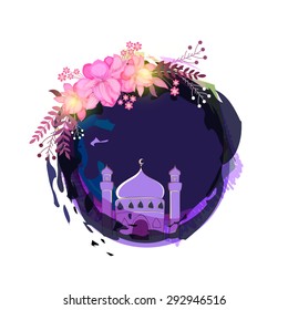 Diseño creativo de tarjetas de felicitación decorado con flores rosas y mezquita para el famoso festival de la comunidad musulmana, celebración de Eid.