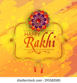 Creative greeting card design decorated with beautiful floral rakhi on grungy yellow background for Indian festival, Happy Raksha Bandhan celebration.