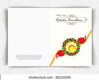 Creative greeting card design decorated with colorful rakhi on shiny background for Raksha Bandhan celebration.