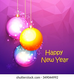 Creative greeting card design with glossy hanging Xmas Balls on stylish background for Happy New Year celebration.