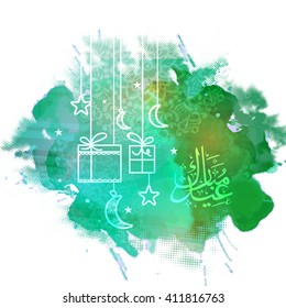 Creative greeting card design with hanging gifts, crescent moons, stars and Arabic Islamic Calligraphy of text Eid Mubarak on green splash background.