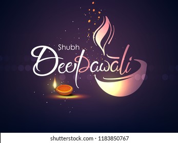 Creative greeting card design for Happy Deepavali Festival celebration on decorative background with floral rangoli design border and Traditional floral diya / burning lamp with Happy Diwali Text 