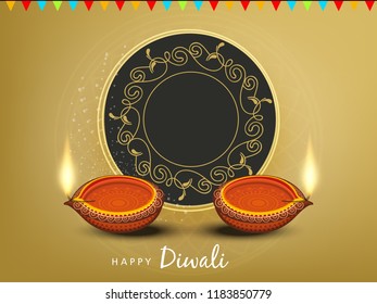 Creative greeting card design for Happy Deepavali Festival celebration on decorative background with floral rangoli design border and Traditional floral diya / burning lamp with Happy Diwali Text 