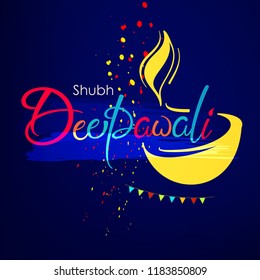 Creative greeting card design for Happy Deepavali Festival celebration on decorative background with floral rangoli design border and Traditional floral diya / burning lamp with Happy Diwali Text 