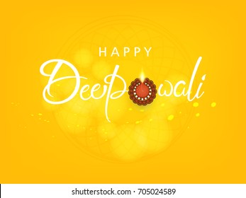 Creative greeting card design for Happy Deepavali Festival celebration on colorful background with floral rangoli design and Line art based floral diya / burning lamp with creative Happy Diwali Text 