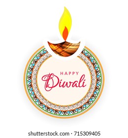 Creative greeting card design for Happy Deepavali Festival celebration on decorative background with floral frame design and Traditional abstract diya / burning lamp with Happy Diwali Text 