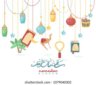 Creative greeting card design for holy month of muslim community festival Ramadan Kareem with moon and hanging lantern and stars