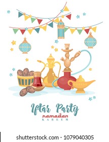 Kreatives Grußkartendesign für den heiligen Monat des Musikfestivals Ramadan Kareem mit Mond und hängenden Lattern und Sternen