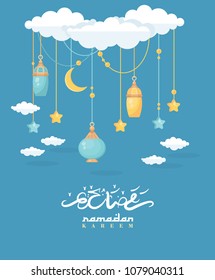 Creative greeting card design for holy month of muslim community festival Ramadan Kareem with moon and hanging lantern and stars