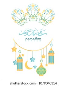 Creative greeting card design for holy month of muslim community festival Ramadan Kareem with moon and hanging lantern and stars