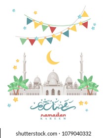 Creative greeting card design for holy month of muslim community festival Ramadan Kareem with moon and hanging lantern and stars