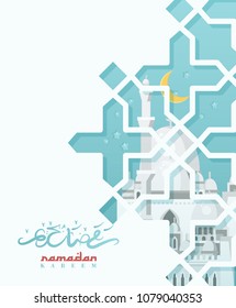 Creative greeting card design for holy month of muslim community festival Ramadan Kareem with moon and hanging lantern and stars