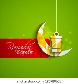 Creative greeting card design for holy month of muslim community festival Ramadan Kareem with moon and hanging lantern and red ribbon on green background. 