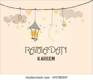Creative greeting card design for holy month of muslim community festival Ramadan Kareem with moon and hanging lantern and stars on beige background.