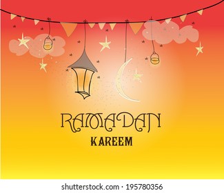 Creative greeting card design for holy month of muslim community festival Ramadan Kareem with moon and hanging lantern and stars on orange background.