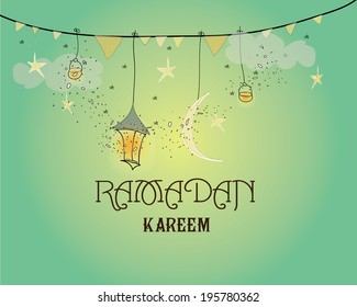 Creative greeting card design for holy month of muslim community festival Ramadan Kareem with moon and hanging lantern and stars on green background.