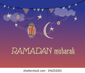 Creative greeting card design for holy month of muslim community festival Ramadan Kareem with moon and hanging lantern and stars on blue background.