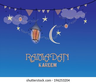 Creative greeting card design for holy month of muslim community festival Ramadan Kareem with moon and hanging lantern and stars on blue background.