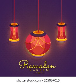 Creative greeting card design for holy month of muslim community festival Ramadan Kareem with hanging lantern on islamic background.