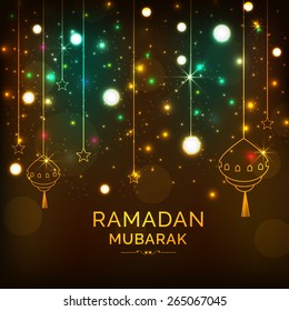Creative greeting card design for holy month of muslim community festival Ramadan Kareem with hanging lantern and stars on shiny golden background.